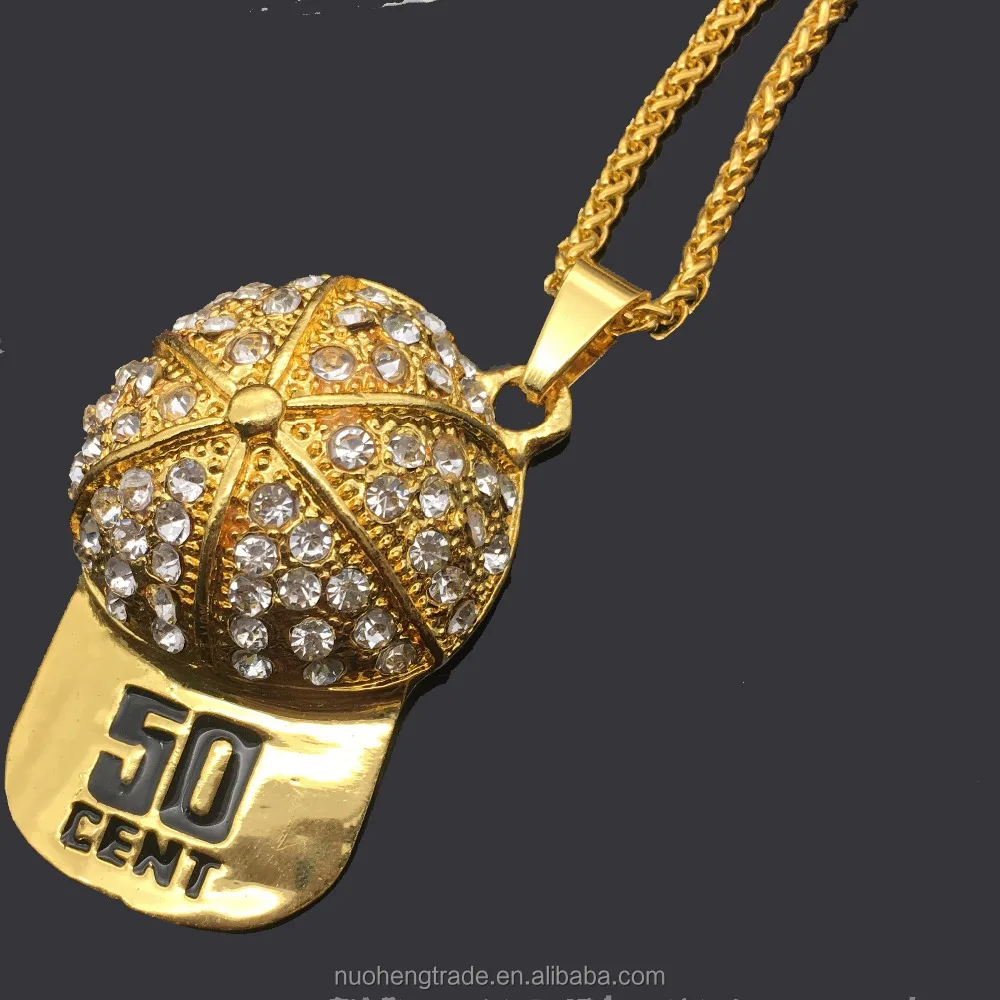 

Hip Hop Jewelry 50 Cent Hat Men Dubai Gold Chain Crystal Pendant Necklace