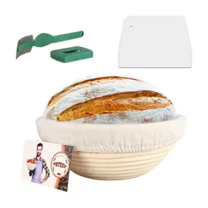 Image of 9inch Banneton Bread Proofing Basket Set-Brotform Rattan Basket with Cloth Liner,Dough Scraper,Bread Lame,Instruction