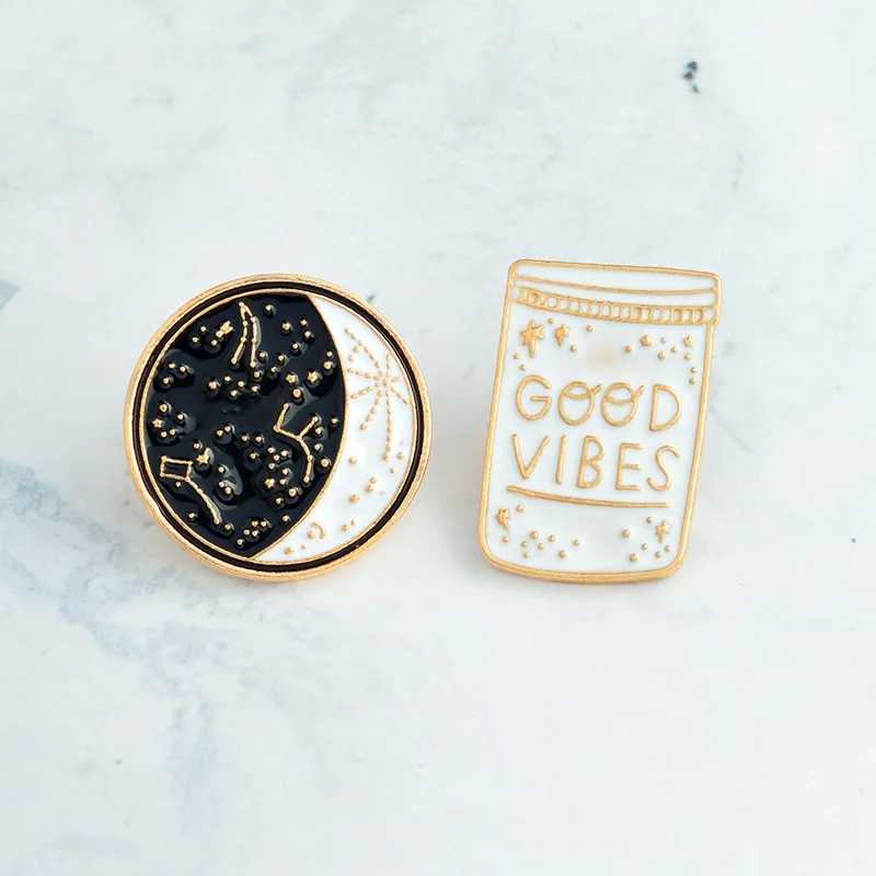 

Good Vibes Round Constellations Day And Night Moon Phase Badges Enamel Lapel Collar Button Pin Brooch Jewelry, As picture show