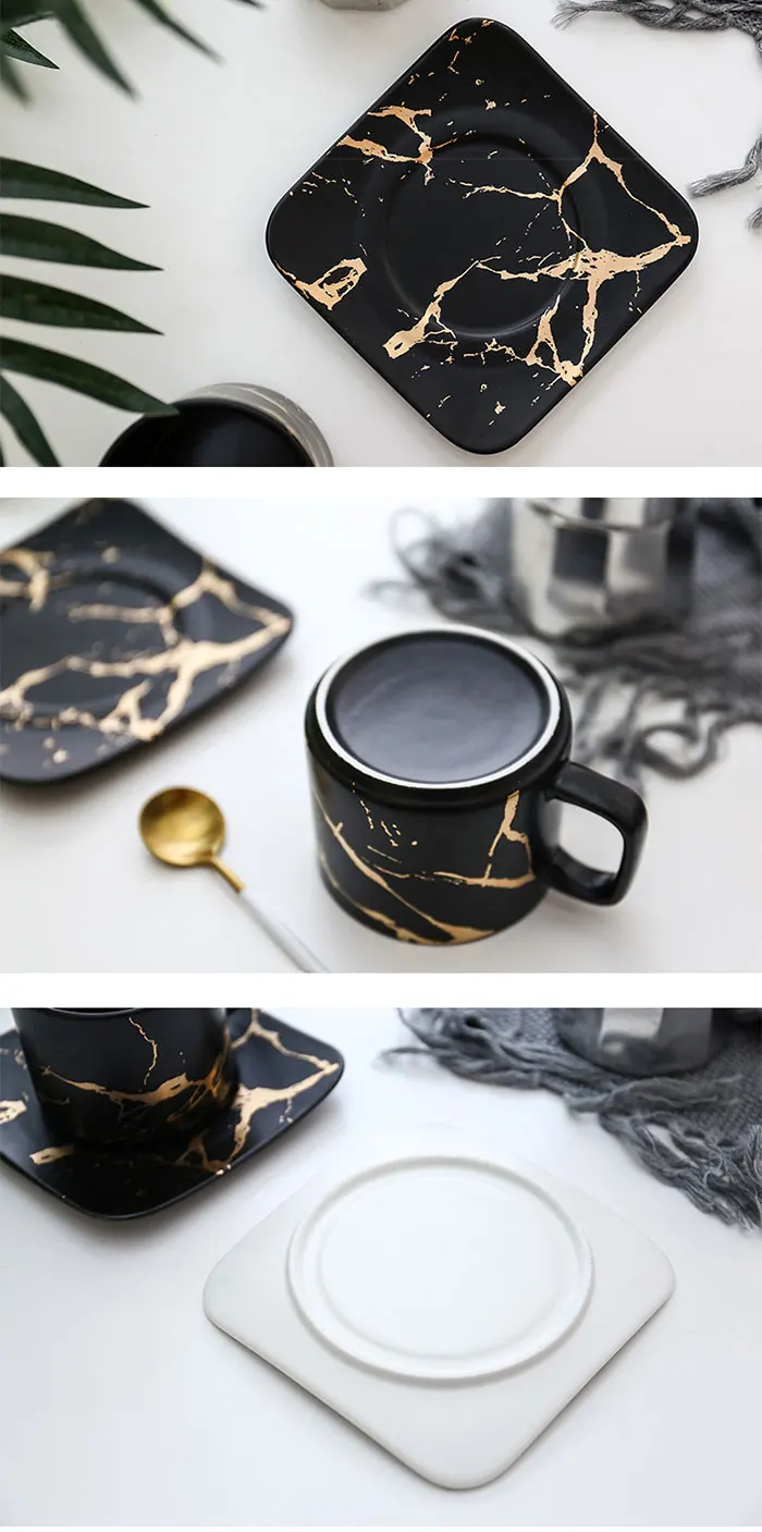Marbling matte gold Japanese black and white cup and saucer set coffee cup 100ML 250ML
