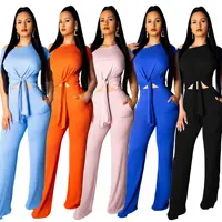 

Fashion One Shoulder Wide Leg Pants Floor Length Solid Patchwork Loose two piece set women clothing