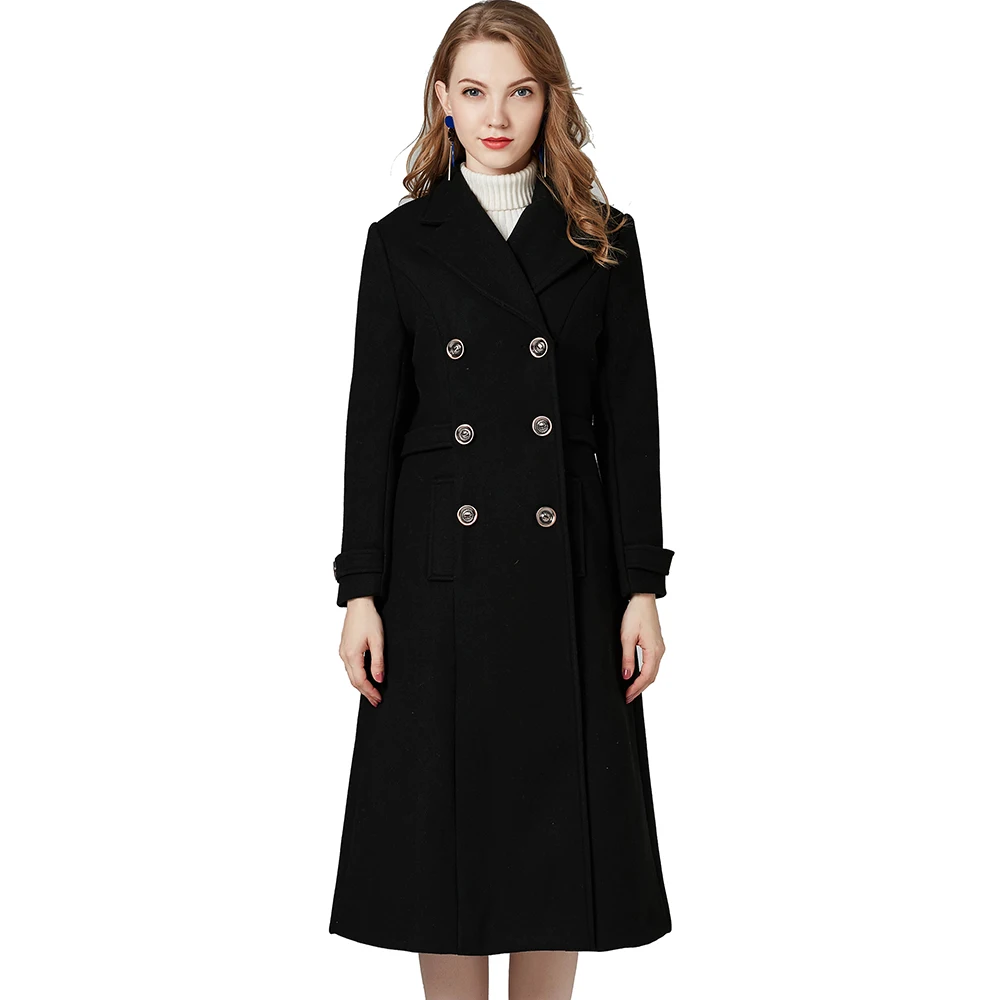 

Winter Women Fashion Wholesale Double Breasted Lapel Collar Long Black Fancy Woolen Coat