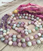 

MN11114 Hand Knotted Statement 108 Mala Beads Boho Tassel Necklace Gemstone Mala Necklace Sari Silk Long Tassel Charm