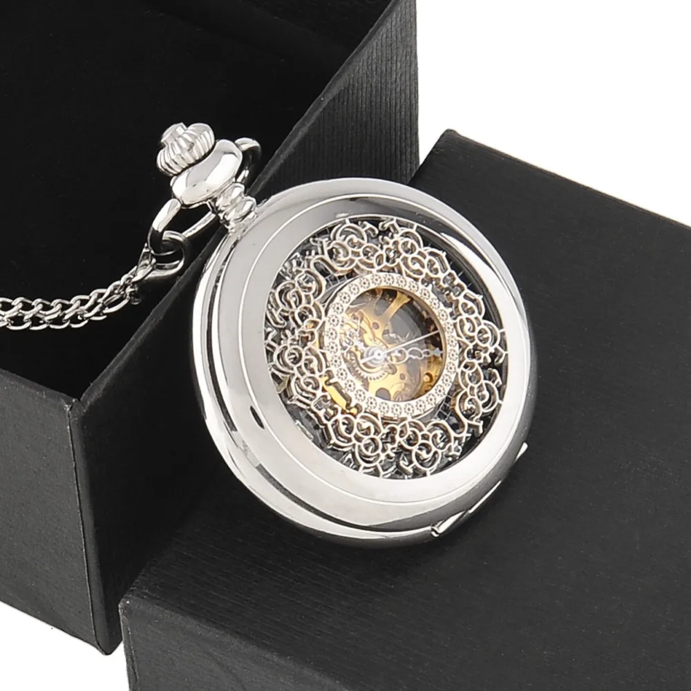 

Vintage Silver Engraved Case Men Mechanical Pocket Watch With Chain Box Hand-Winding Best Gift Pendant Necklace