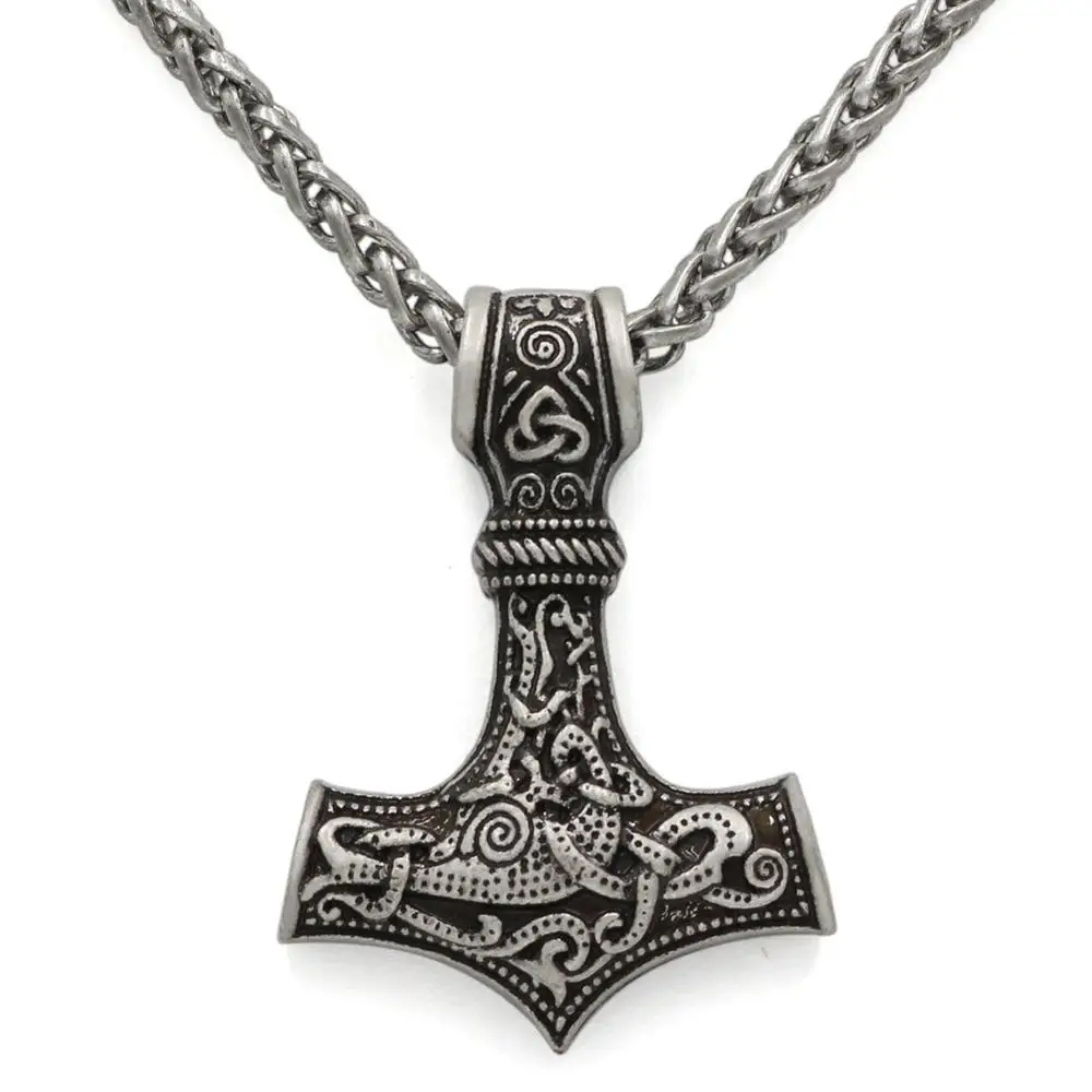 

Norse Vikings Amulet PENDANT Necklaces Hammer Of Thor Mjolnir Pendant Leather Rope Necklaces Animal Knot Viking Jewelry, Antique silver