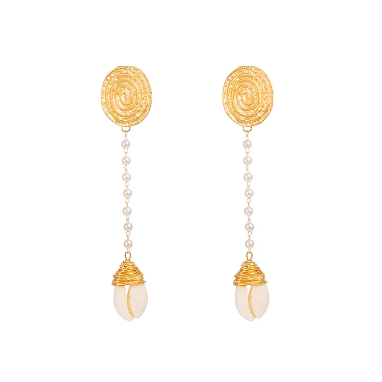 

Gold Filled Round Fingerprint Shape Alloy With Brass Wire Wrapped Cowrie Shell Drop Dangle Stud Earrings For Women