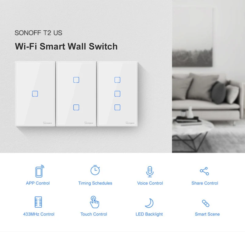 
SONOFF T2 TX 433RF Wifi Wall Touch Electrical Switch wireless 1gang/2gang/3gang Works With Alexa Google home 