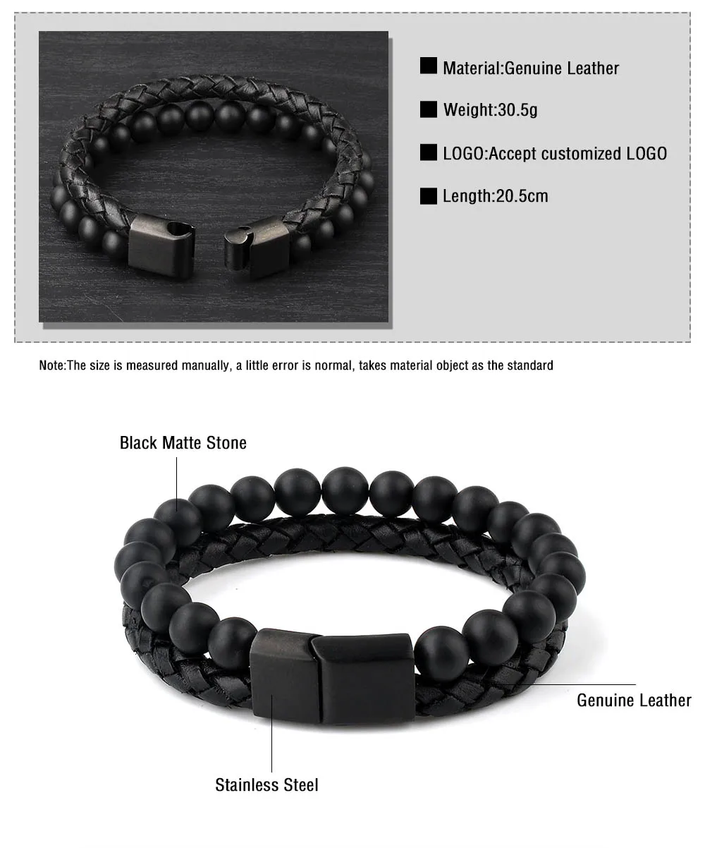 Fashion Jewelry Black Leather Round Stone Bead Design Cool Bracelets For Boys