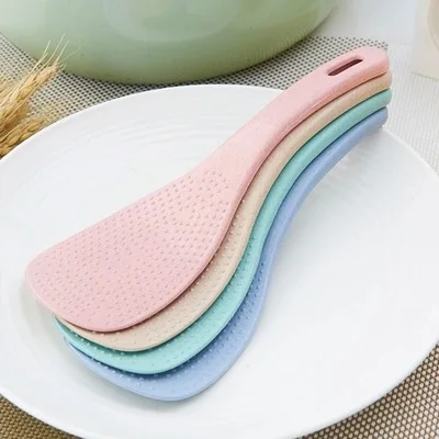 

Wholesale Long Handle Natural Plastic Reusable Wheat Straw Rice Cooker Spoon, Beige, green, blue, pink