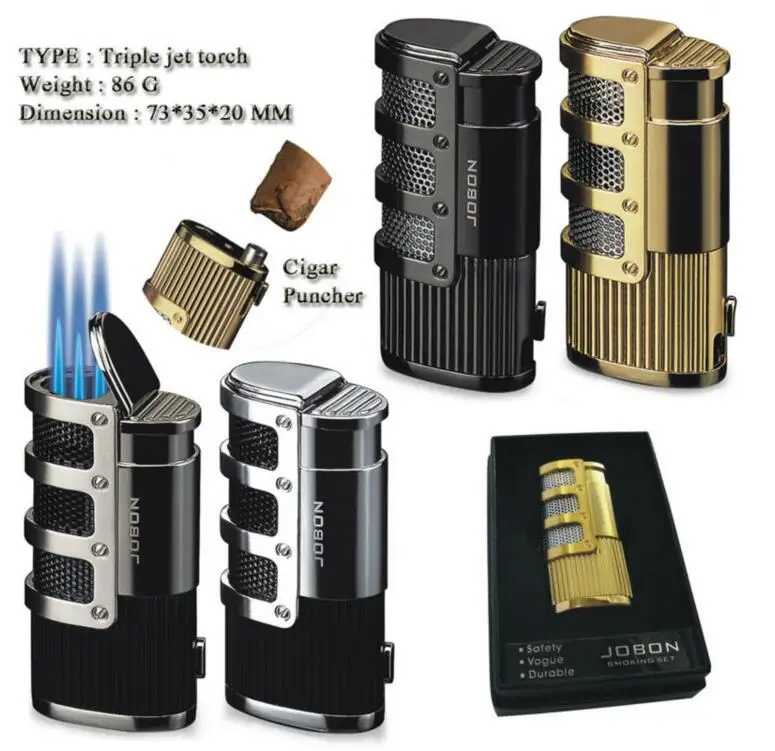 

Olympus Triple Jet Flame Butane Torch Cigarette Cigar Lighter With Punch Cutter Tool, Black silver gold