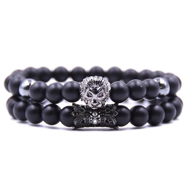 

2pc/set king lion head bracelet black natural matte bracelet micro inlaid zircon couple bracelet set men hand jewelry (KB8027), As picture