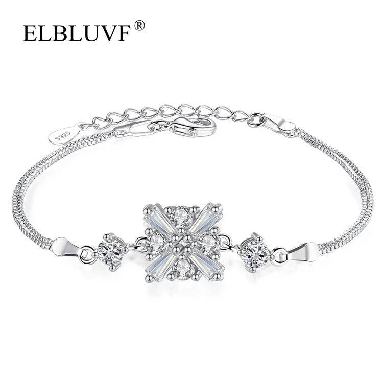 

ELBLUVF Free Shipping Copper Alloy Zircon Women Pure 925 Sterling Silver Plated Snowflake Bracelet Brass Jewelry, White gold