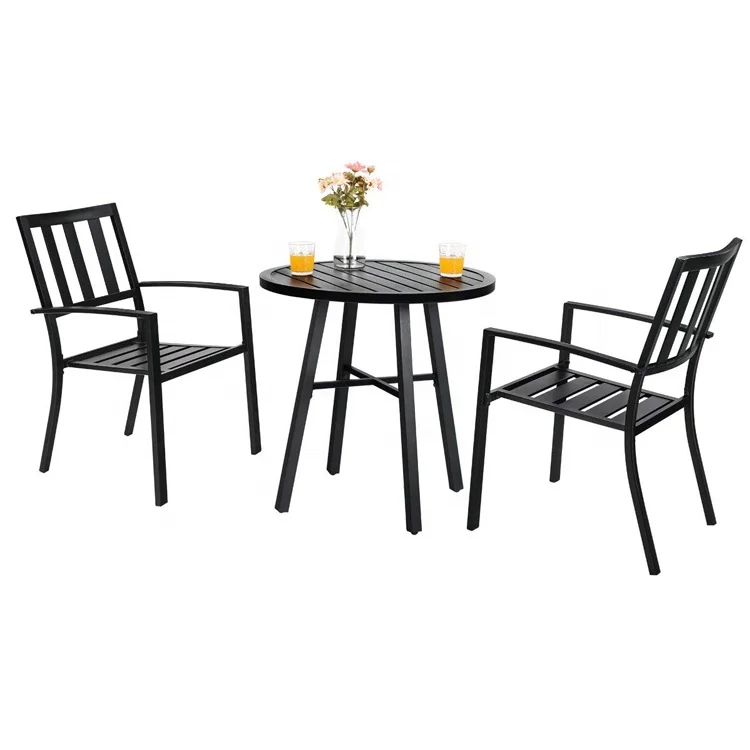 
3 pieces black stylish modern fence design patio outdoor metal table and chairs 