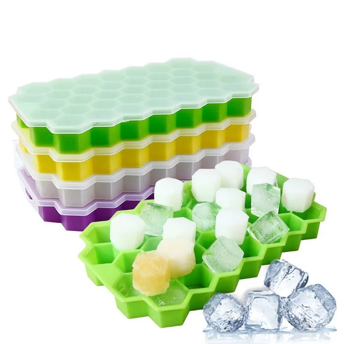 

37 Cavities Silicone Honeycomb Ice Cube Tray with Lid for Drinks, Green, purple, yellow, white