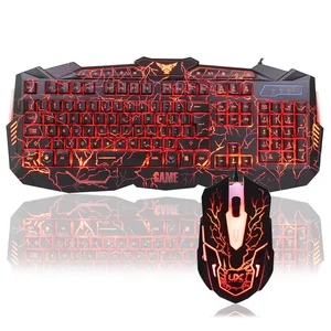 Colored bright  three color led light USB Wired Cool Crack wired gaming  keyboard and mouse