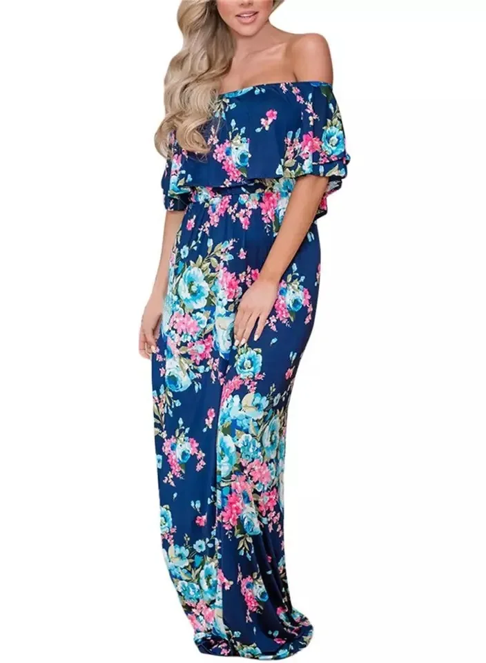 F26 women summer dress Floral Summer Holiday  off shoulder dress women clothing maxi dress