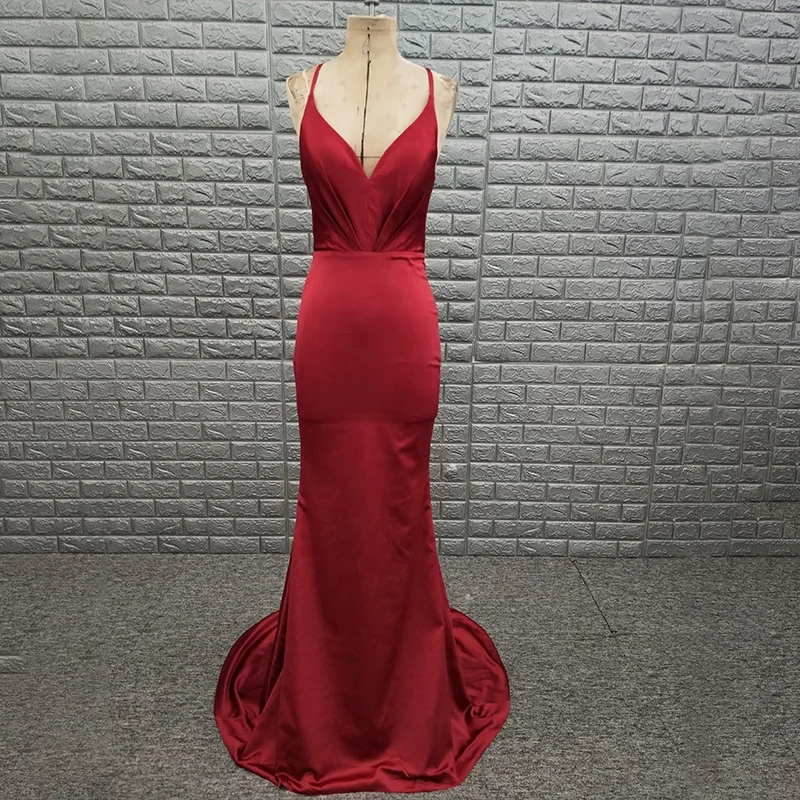 

Ready To Ship 2019 Red Spaghetti Deep V Neck Mermaid Evening Dress