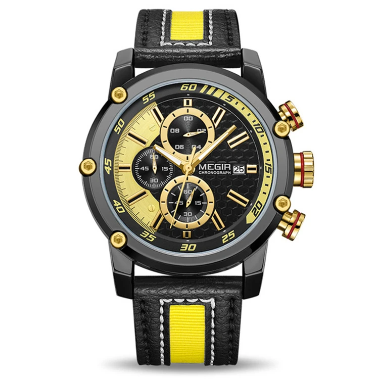 

MEGIR 2079 Men 2018 Big Dial Waterproof Army Military Quartz Watch Leather Chronograph Clock