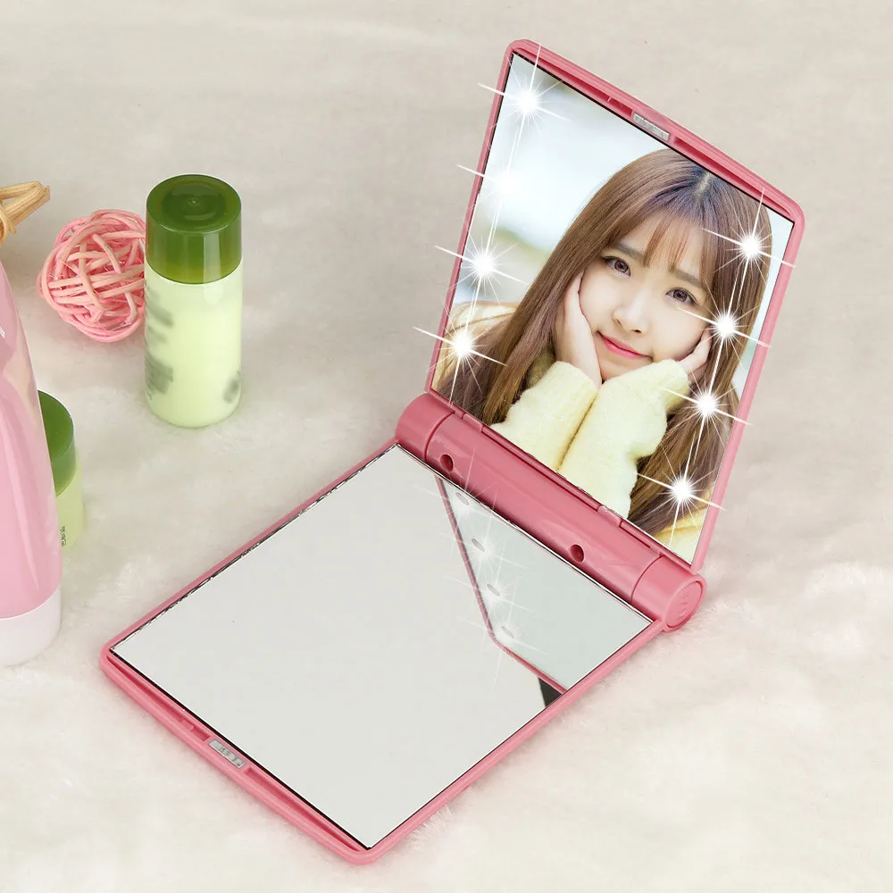 

Women Foldable Makeup Mirrors Tool Lady Cosmetic Hand Folding Portable Compact Pocket Mirror 8 LED Lights Lamp, White;pink;black;blue