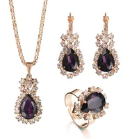 

Cubic Zircon Colorful Crystal Rhinestone Water Drop Wedding Jewelry Set 3Pcs Necklace Earring Ring Set