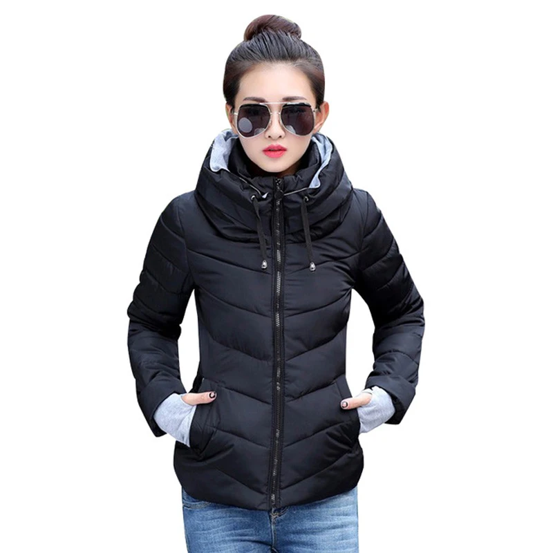 

2018 hooded women winter jacket short cotton padded womens coat autumn casaco feminino inverno solid color parka stand collar, As picture or requirement