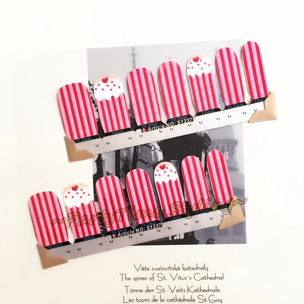 Pink Strawberry Cakes Nail Art Sticker Patch 14 pcs set Waterproof Decals Foils Gel Polish French