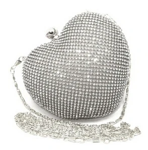 Girls Heart Shape Rhinestone Gold Evening Clutch Bag Women Handbag Dinner Silver Clutch Purse Chain Shoulder