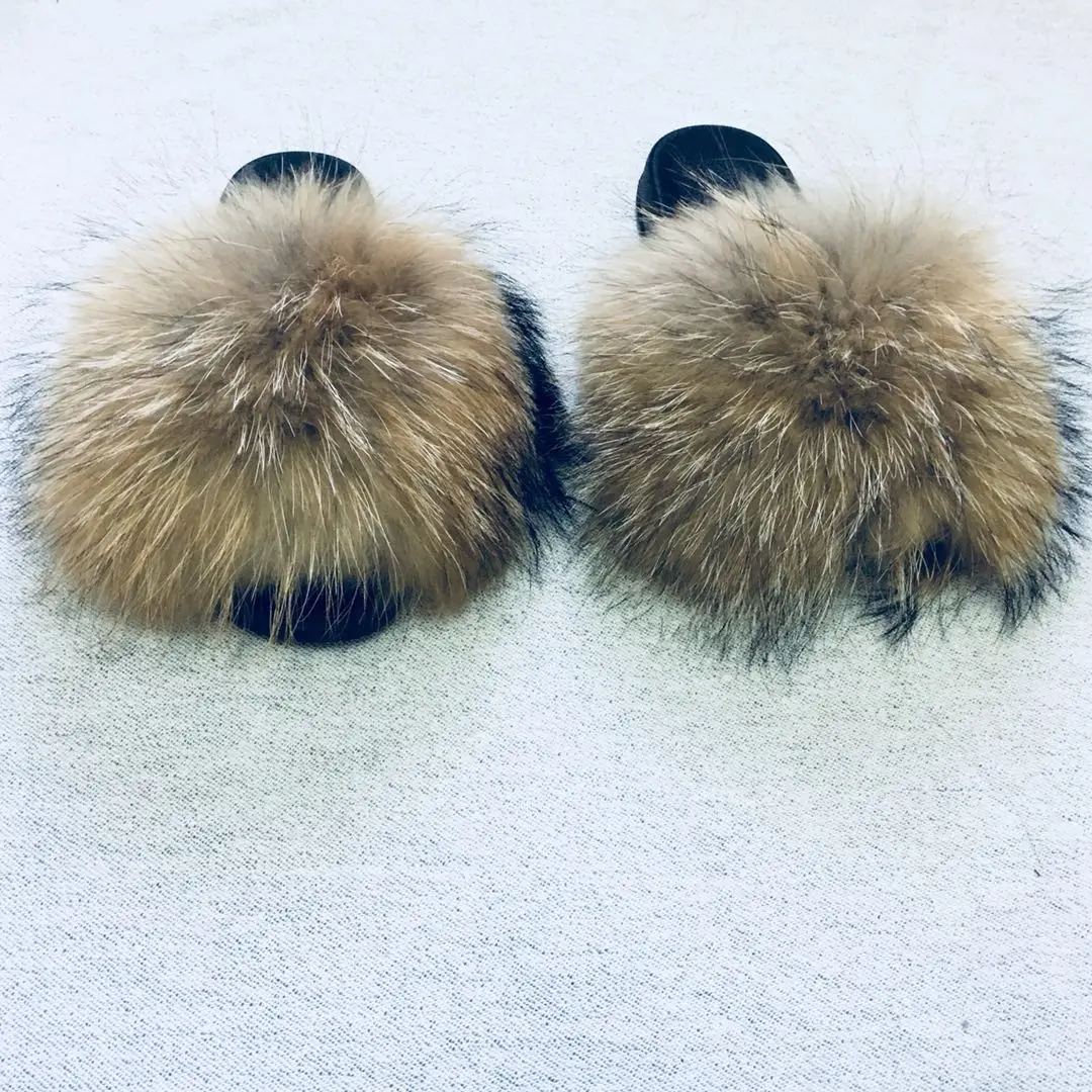 100/% Real Fox Fur Sliders Fluffy Flat Sandal children Slippers Shoes pink