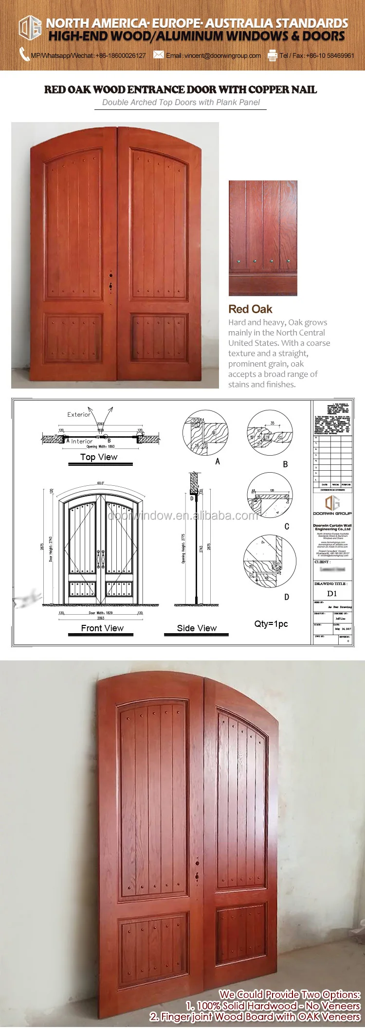 American doors New Design oak teak Wooden Round Top solid wood arched double antique carved doors