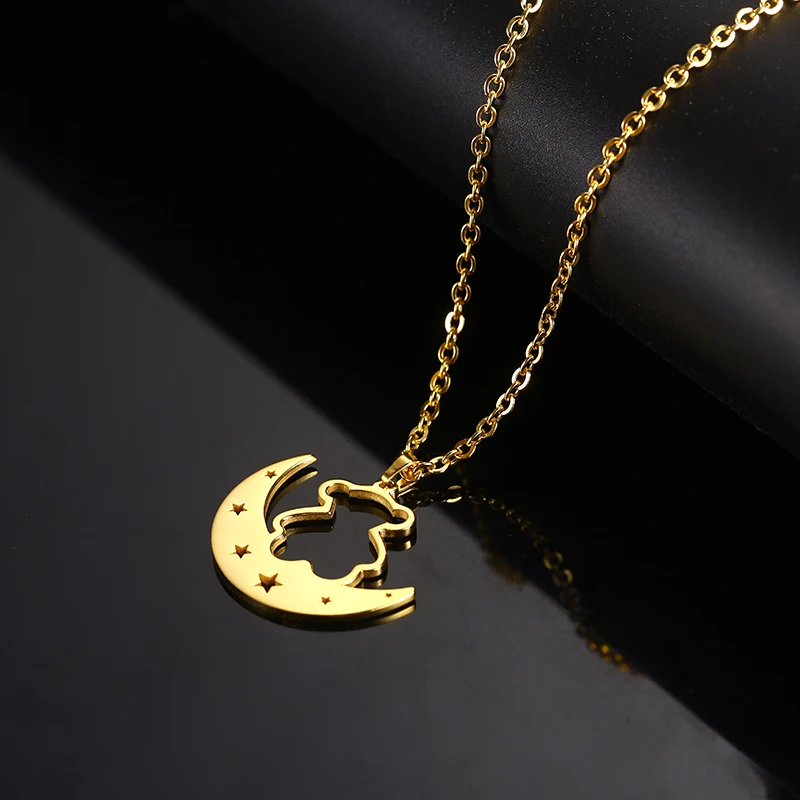 

Wholesale Steel Gold Rose Gold moon star choker Animal bear necklace Pendant for Women Jewelry, Siver