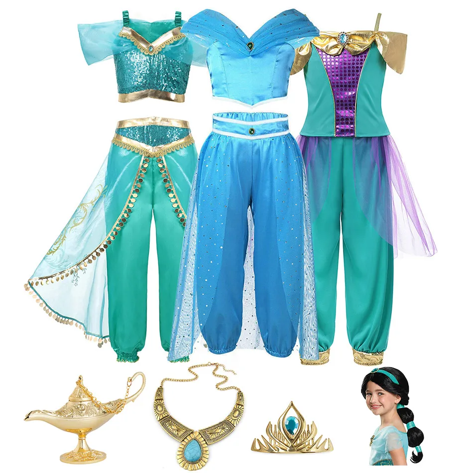 

Movie Aladdin Cosplay Princess Jasmine Costume for Girls Fancy Jasmine Tops and Pants Clothing Set Kid Arabian Belly Dance Dress