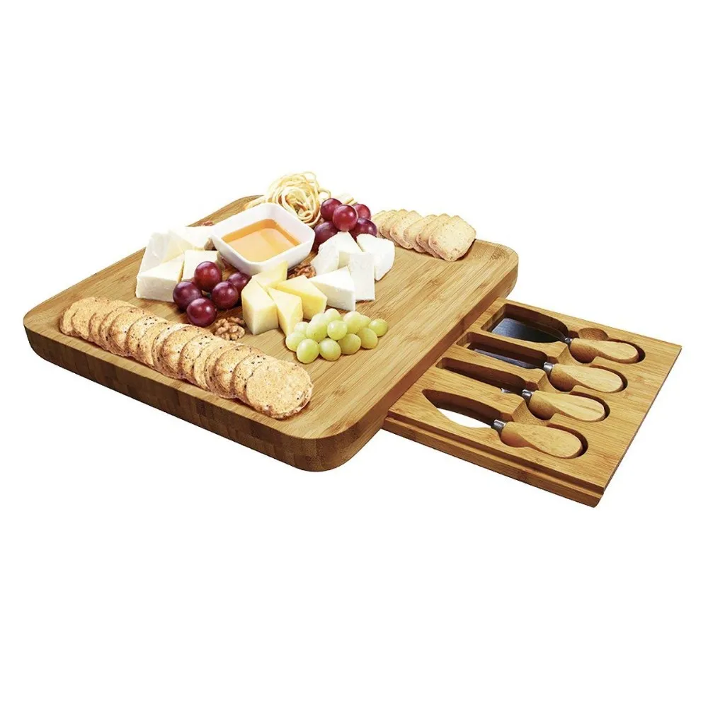 Bamboo Cheese Cutting Board With Cutlery Set With 4 Knives Slicer Tools ...