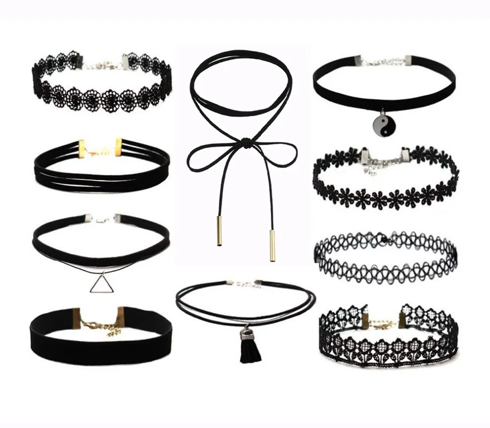 

Popular choker necklace set 10 styles mixed black lace chocker necklace, black velvet leather choker 2018 LX029, As picture