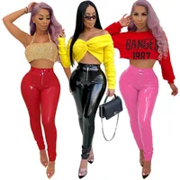 

Solid color high waist winter sexy tight pu leather women stretch pants