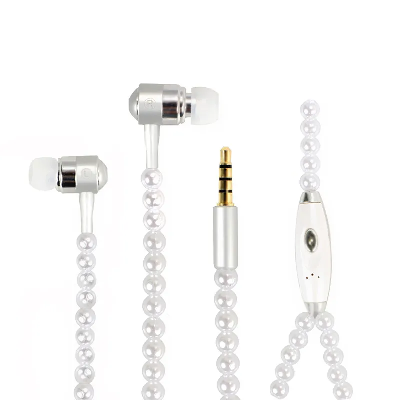 

Beads 3.5mm In-Ear Earbuds Wired Headset With Mic Fashion Jewelry Pearl Necklace Earphone Stereo