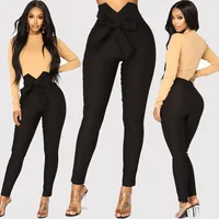 

Ecowalson Women High Waist Casual Fashion Ladies Bowknot Long Slim Skinny Pants Bandage Elastic Pencil Trousers With Sashes