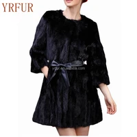 

YR762 O-neck 3/4 Sleeve Black Real Mink Fur Coat for Women