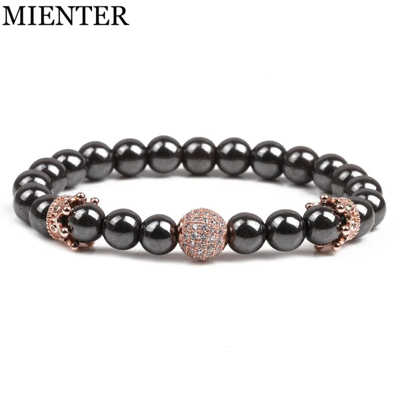 

Selling 8mm health charm women men CZ Drill ball crown Natural stone beads bio lady magnetic hematite bracelets, Picture