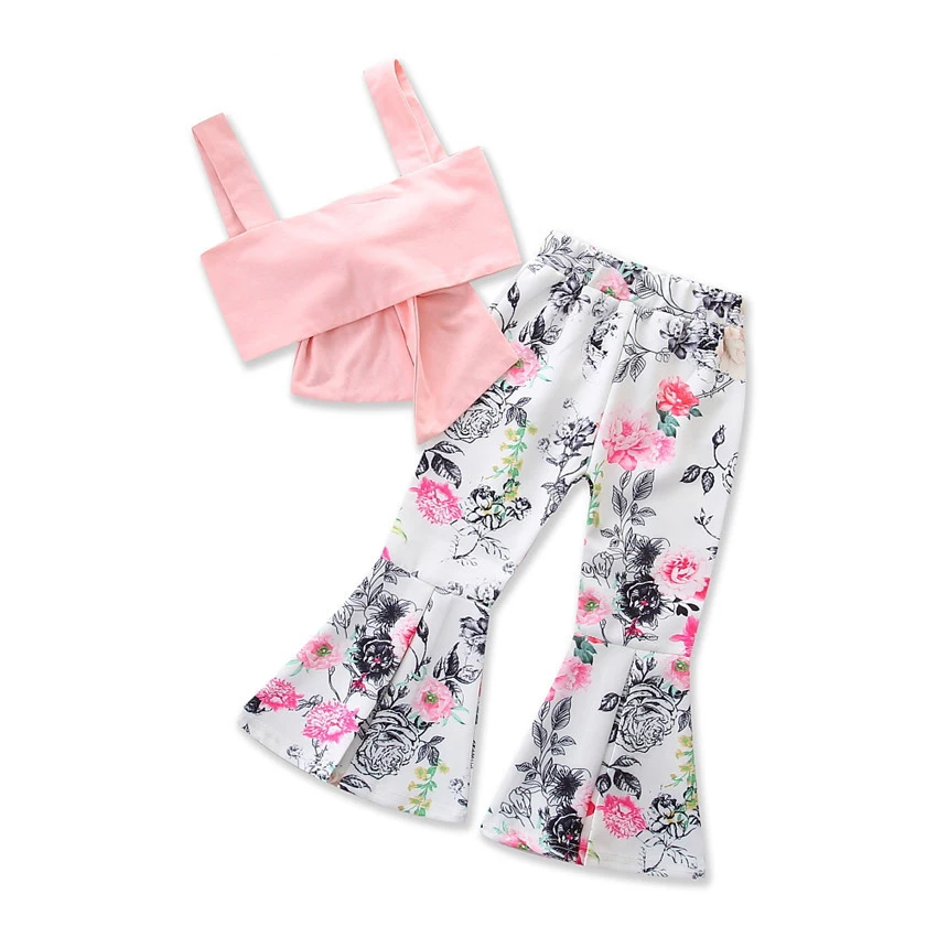 

2PCS Set Fashion Children Girls Clothes 2018 Summer Pink Strap Tank Tops + Floral Bell-bottoms Kid Clothing, As pictures