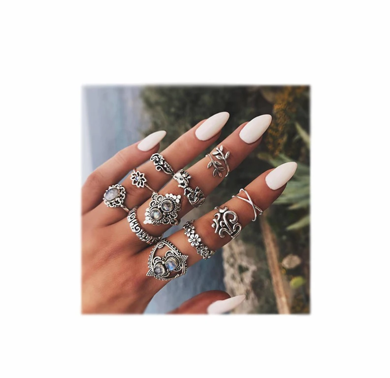 

INFANTA JEWELRY 11Pcs/Set Vintage Retro Silver Plated Ring Set/Elephant Moon Crystal Crown X Nail Ring Women Jewelry, N/a