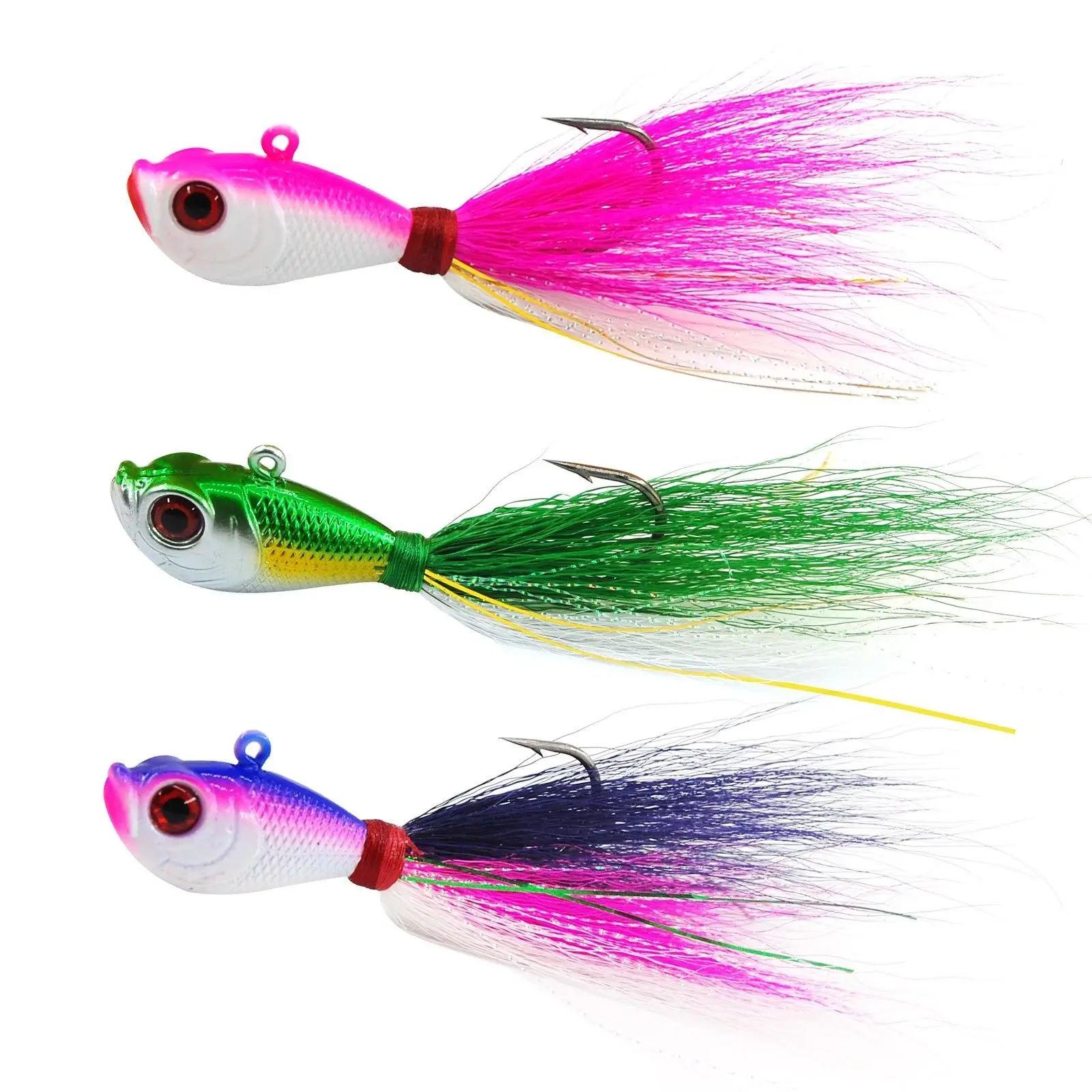 

Wholesale Kmucutie 3D Eyes Bucktail Jigs Saltwater Fishing Lures 7g/14g/28g/42g/56g, Various colors