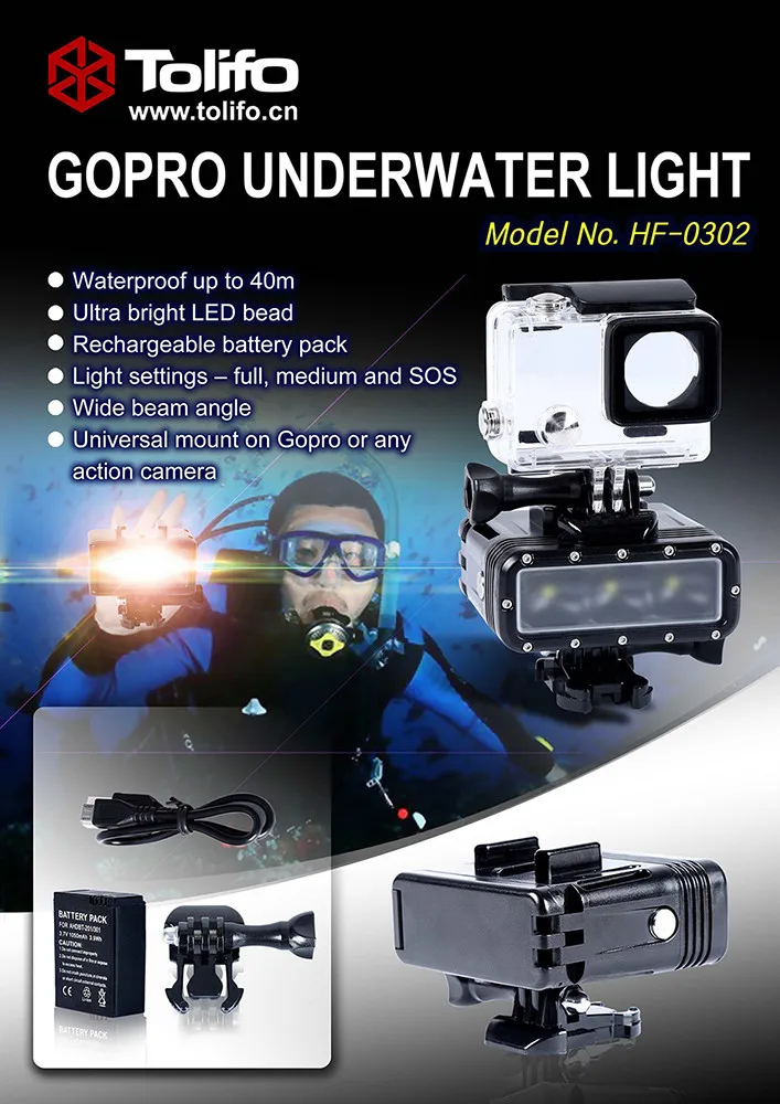 Tolifo IP67 40m waterproof led light with CE FCC ROHS certificates for divers