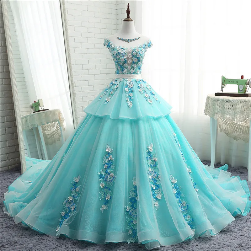 Bleu lumineux De Couleur Longue robe de Bal de Haute Qualité Cap Manches Échantillon Réel Robe
