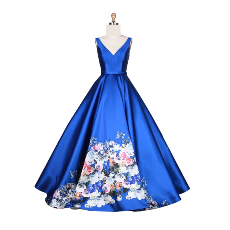 

Lady V-neck A-line Flower Printing Light Blue Zipper Satin Gown