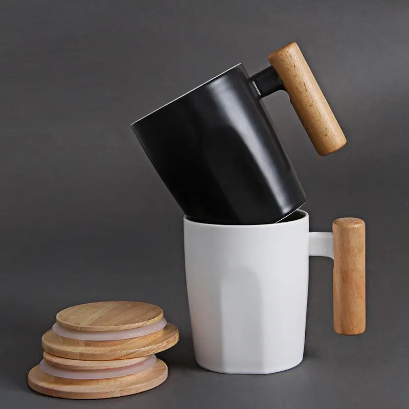 

Matt Black Colour Ceramic Mug with Wood Handle Matt Porcelain Coffee Water Tea Cup with Bamboo Lid, White,black