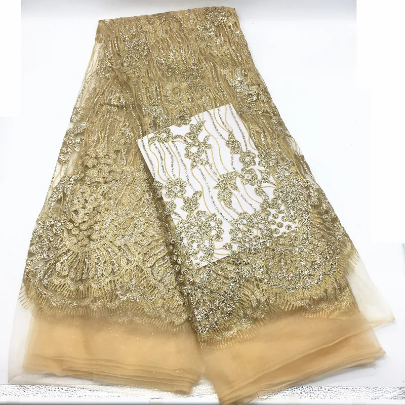

High Quality +Beads Gold powder African Lace Fabrics ASO EBI Nice French Net Embroidery Tulle Lace Fabric For Nigerian Dres J029, As shown in the picture