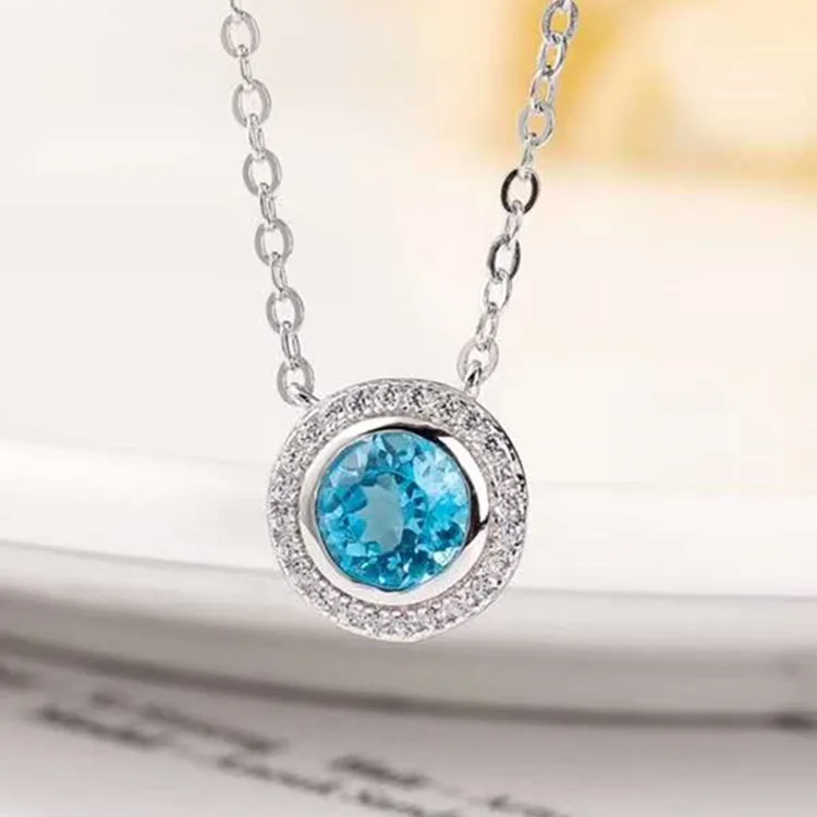 

genuine gemstone jewelry wholesale 925 sterling silver 18k white gold plated 6mm natural blue topaz necklace pendant women