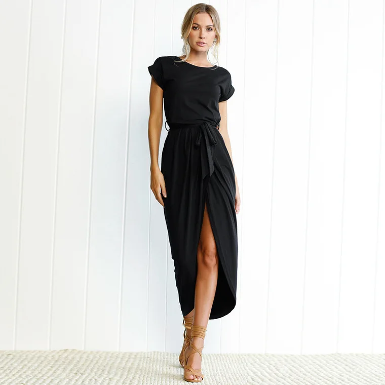 

2018 New Arrivel Women Short Sleeve Round Neck Maxi Dress Casual Loose Irregular Dress, N/a