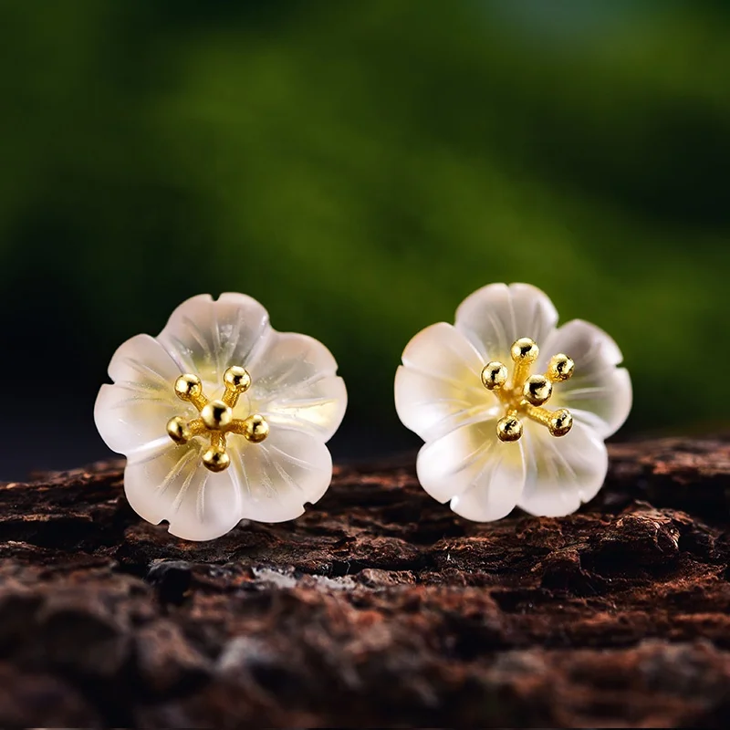 China hand made Original pink crystal Flower Stud earring 925 sterling silver with 18k gold plated fine gift jewelry for women