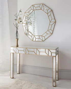 Geometria Gold Mirrored Console Table Round Mirror Set Black Crystal Diamond Telite Modern